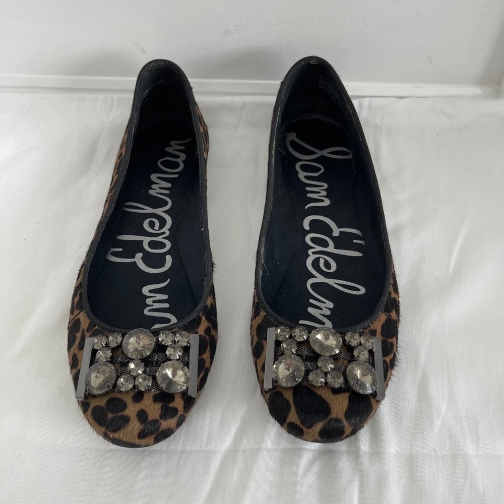 Sam Edelman Leopard Calf Hair Jeweled Ballet Flats Size 7.5 Cheetah Crystal